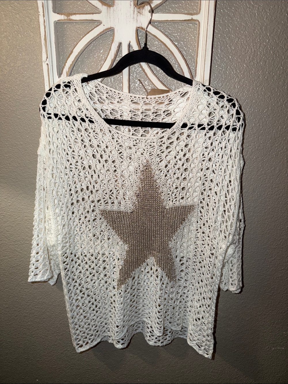 Women's White Crochet Star Sweater